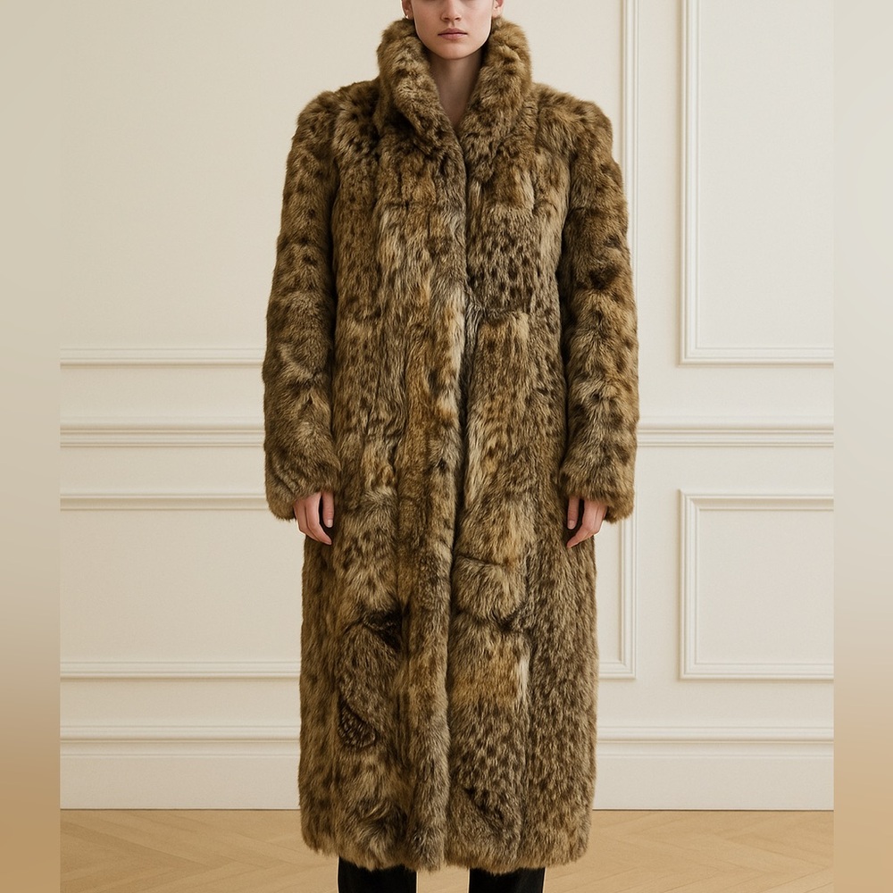Lynx Bobcat Patchwork Genuine Fur Full Length Coat Vintage Animal print Leopard